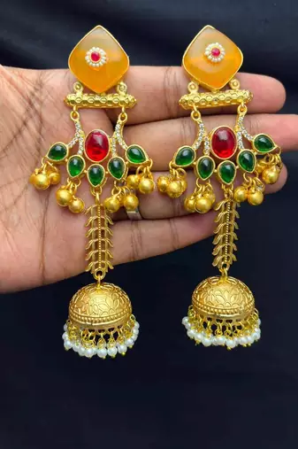 Green Red Jhumka Earrings, Long Indian Bridal Earrings, Gold Chandelier Earrings