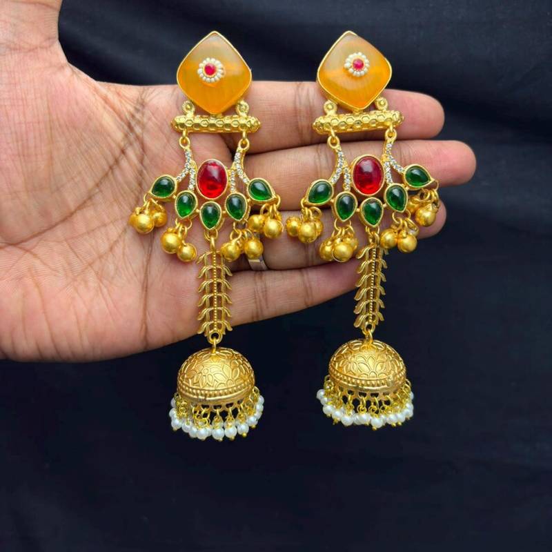 Green Red Jhumka Earrings, Long Indian Bridal Earrings, Gold Chandelier Earrings