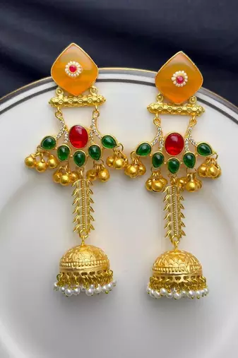 Green Red Jhumka Earrings, Long Indian Bridal Earrings, Gold Chandelier Earrings