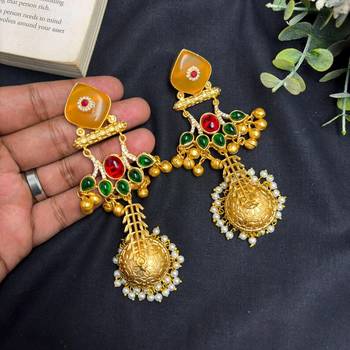 Green Red Jhumka Earrings, Long Indian Bridal Earrings, Gold Chandelier Earrings 4