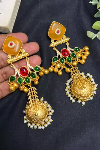 Green Red Jhumka Earrings, Long Indian Bridal Earrings, Gold Chandelier Earrings