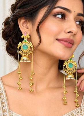 Mint Pink Green Stone Jhumka Earrings, Indian Kashmiri Bridal Earrings 1