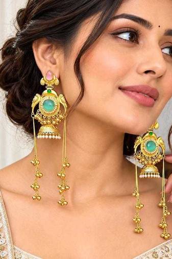 Mint Pink Green Stone Jhumka Earrings, Indian Kashmiri Bridal Earrings