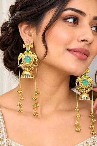 Mint Pink Green Stone Jhumka Earrings, Indian Kashmiri Bridal Earrings