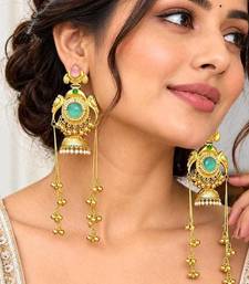 Mint Pink Green Stone Jhumka Earrings, Indian Kashmiri Bridal Earrings