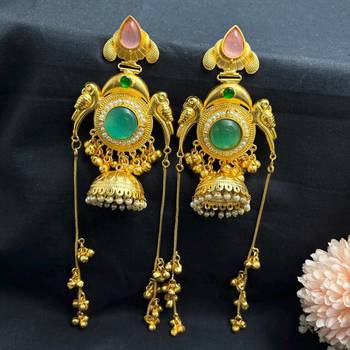 Mint Pink Green Stone Jhumka Earrings, Indian Kashmiri Bridal Earrings 2