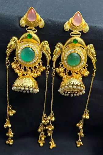 Mint Pink Green Stone Jhumka Earrings, Indian Kashmiri Bridal Earrings