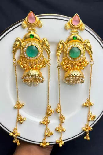 Mint Pink Green Stone Jhumka Earrings, Indian Kashmiri Bridal Earrings
