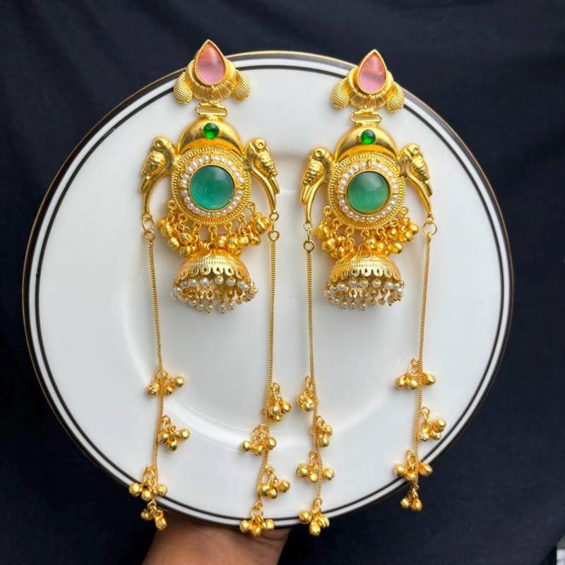 Mint Pink Green Stone Jhumka Earrings, Indian Kashmiri Bridal Earrings