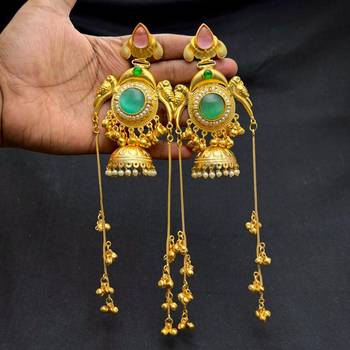 Mint Pink Green Stone Jhumka Earrings, Indian Kashmiri Bridal Earrings 4