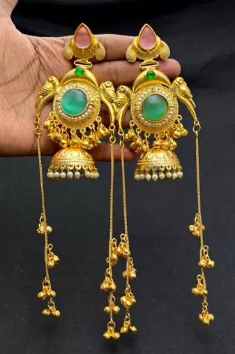 Mint Pink Green Stone Jhumka Earrings, Indian Kashmiri Bridal Earrings