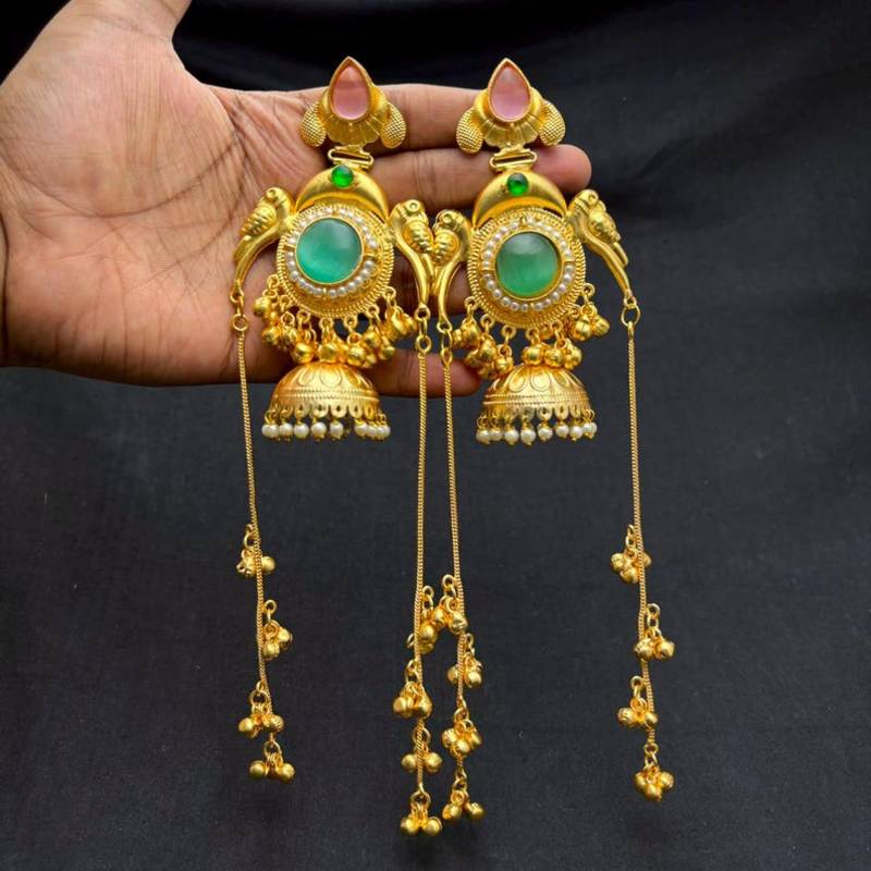 Mint Pink Green Stone Jhumka Earrings, Indian Kashmiri Bridal Earrings