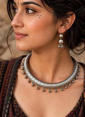 Oxidized Silver Hasli Necklace Set, Tribal Choker Jewelry, Indian Necklace and Earrings with ghungroo drops 1