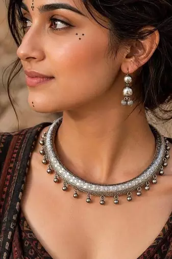Oxidized Silver Hasli Necklace Set, Tribal Choker Jewelry, Indian Necklace and Earrings with ghungroo drops