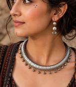 Oxidized Silver Hasli Necklace Set, Tribal Choker Jewelry, Indian Necklace and Earrings with ghungroo drops