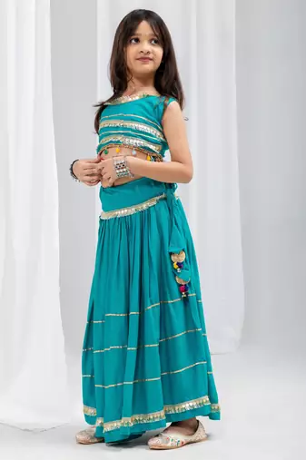 Navaratri special golden lace work lehenga with fancy lace work blouse for kids