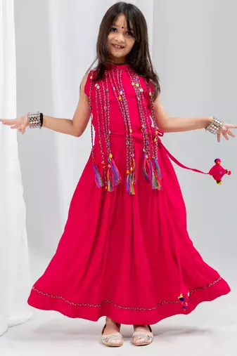 Navaratri special fancy dori work lehenga with fancy dori & cowrie work blouse for kids