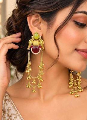 Long Indian Chandelier Kashmiri Earrings, Green Red Stone Bridal Earrings 1