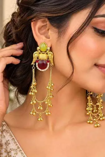 Long Indian Chandelier Kashmiri Earrings, Green Red Stone Bridal Earrings