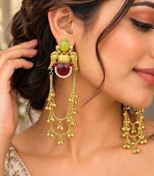 Long Indian Chandelier Kashmiri Earrings, Green Red Stone Bridal Earrings
