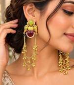 Long Indian Chandelier Kashmiri Earrings, Green Red Stone Bridal Earrings