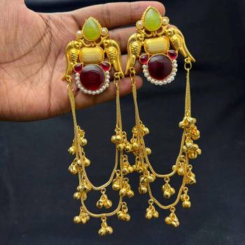 Long Indian Chandelier Kashmiri Earrings, Green Red Stone Bridal Earrings 2