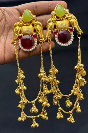Long Indian Chandelier Kashmiri Earrings, Green Red Stone Bridal Earrings