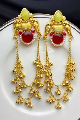 Long Indian Chandelier Kashmiri Earrings, Green Red Stone Bridal Earrings