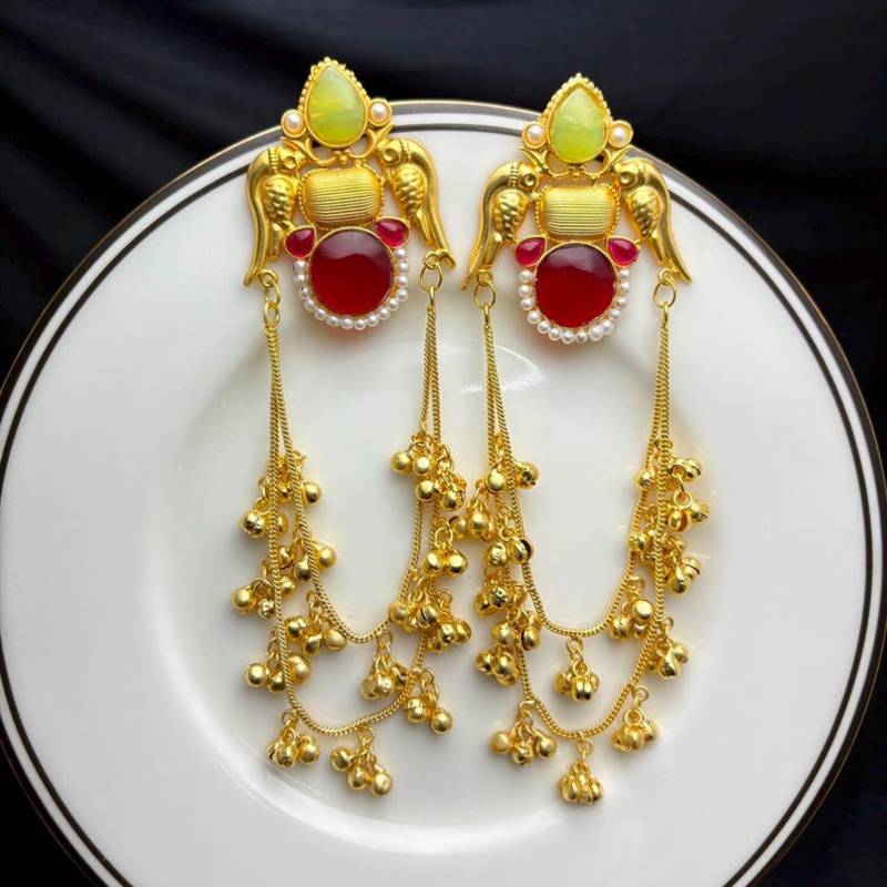 Long Indian Chandelier Kashmiri Earrings, Green Red Stone Bridal Earrings