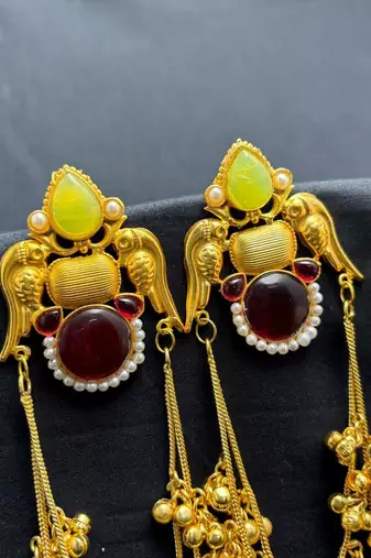 Long Indian Chandelier Kashmiri Earrings, Green Red Stone Bridal Earrings