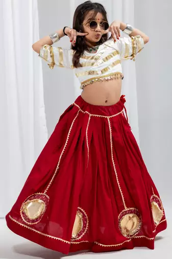 Navaratri special golden coin work blouse with golden work lehenga for kids