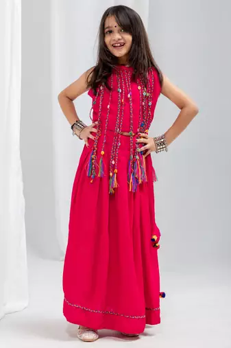 Navaratri special fancy dori work lehenga with fancy dori & cowrie work blouse for kids