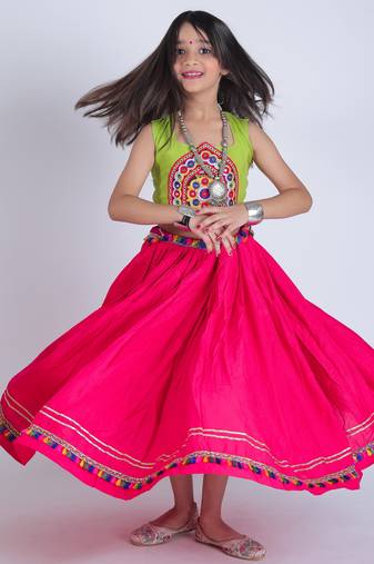 Navaratri special gota patti lace work lehenga with gamthi patch & cowrie lace work blouse for kids