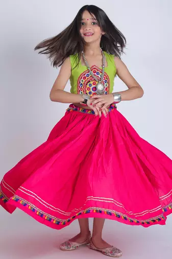Navaratri special gota patti lace work lehenga with gamthi patch & cowrie lace work blouse for kids