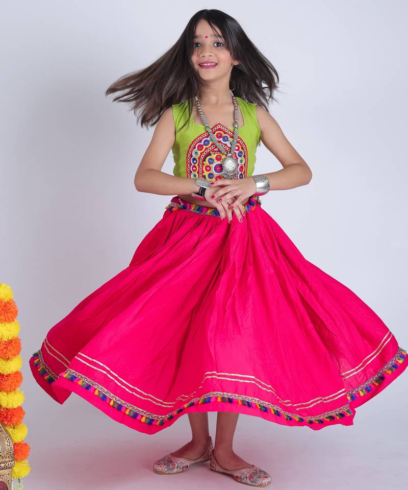 Navaratri special gota patti lace work lehenga with gamthi patch & cowrie lace work blouse for kids