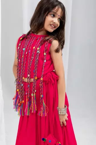 Navaratri special fancy dori work lehenga with fancy dori & cowrie work blouse for kids