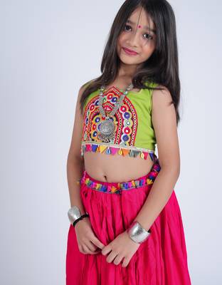 Navaratri special gota patti lace work lehenga with gamthi patch & cowrie lace work blouse for kids 2