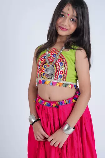 Navaratri special gota patti lace work lehenga with gamthi patch & cowrie lace work blouse for kids