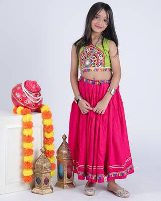 Navaratri special gota patti lace work lehenga with gamthi patch & cowrie lace work blouse for kids 3