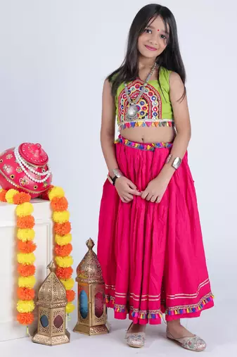Navaratri special gota patti lace work lehenga with gamthi patch & cowrie lace work blouse for kids