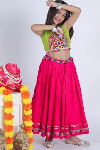 Navaratri special gota patti lace work lehenga with gamthi patch & cowrie lace work blouse for kids