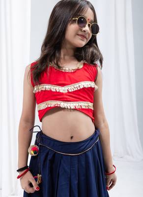 Navaratri special golden flower & kali work lehenga with fancy lace work blouse for kids 2