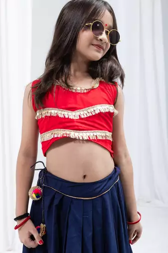 Navaratri special golden flower & kali work lehenga with fancy lace work blouse for kids