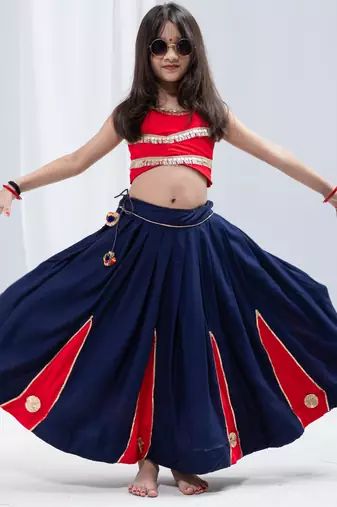 Navaratri special golden flower & kali work lehenga with fancy lace work blouse for kids