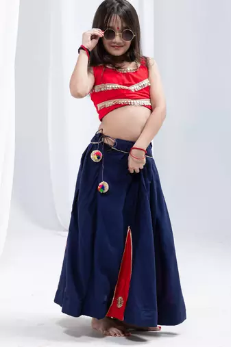 Navaratri special golden flower & kali work lehenga with fancy lace work blouse for kids
