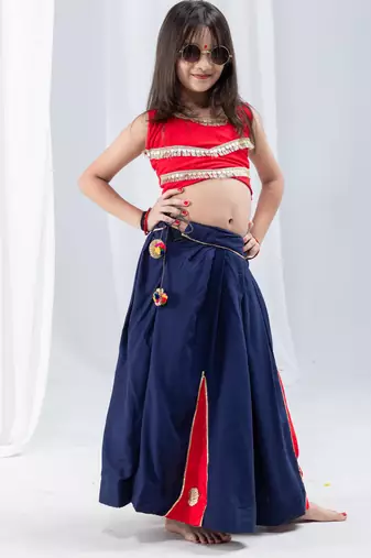 Navaratri special golden flower & kali work lehenga with fancy lace work blouse for kids