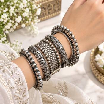 Oxidized Silver Plated Bangle Set, 5 Piece Indian Bangles, Openable screw Wide Kada Bracelet 1