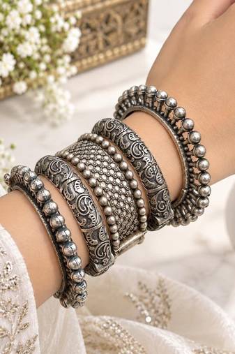 Oxidized Silver Plated Bangle Set, 5 Piece Indian Bangles, Openable screw Wide Kada Bracelet