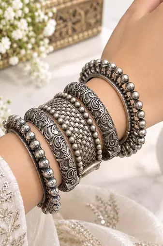 Oxidized Silver Plated Bangle Set, 5 Piece Indian Bangles, Openable screw Wide Kada Bracelet