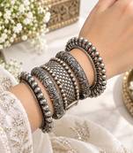 Oxidized Silver Plated Bangle Set, 5 Piece Indian Bangles, Openable screw Wide Kada Bracelet